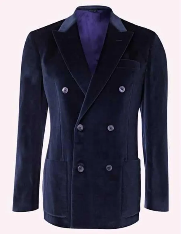 Mens Double Breasted Suits 6 Buttons Velour Jacket - Navy Blue Velvet Blazer - Slim Fitted sold by Alberto Nardoni