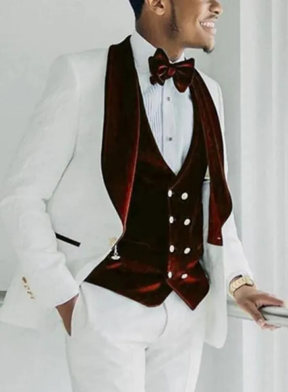 Wedding Tuxedo - Groom Suit - White and Burgundy Prom Suit sold by Alberto Nardoni