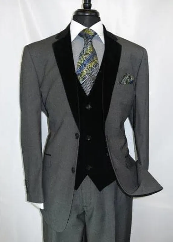 Black Suit Gray Vest Mens  Velvet Suit Two Button Grey Velour Vested Side Vents Tuxedo Black 2 toned Suit made by Alberto Nardoni