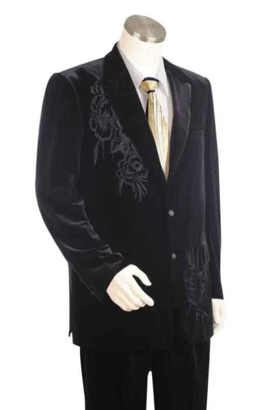 Men's Floral Embroidered Men's Velvet Suit Black Plain Peak Lapel Zoot Suit sold by Alberto Nardoni