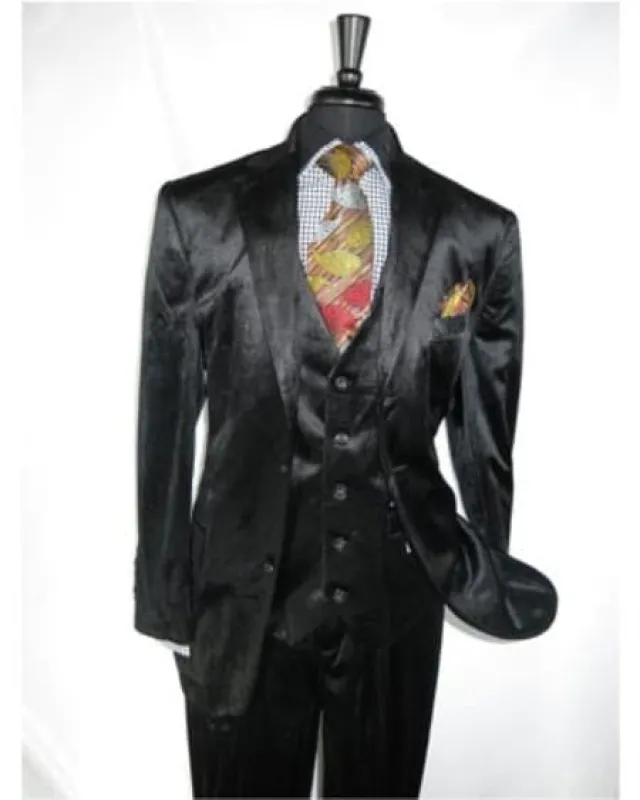 Men's Black  2 Button Velvet Fabric 3 Piece Vested Side Vent Suit with Pleated  Pants sold by Alberto Nardoni