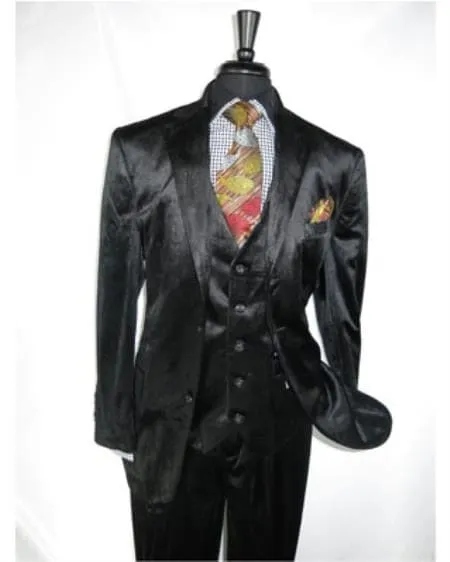 Men's Black 2 Button Velvet Fabric 3 Piece Vested Side Vent Suit with Pleated Pants sold by Alberto Nardoni