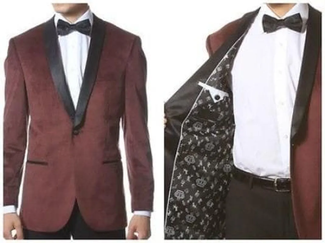 Velour Men's blazer Jacket Velvet Shawl Collar Dinner Smoking , Slim Fit Burgundy ~ Wine ~ Maroon sold by Alberto Nardoni