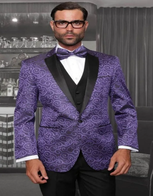 Big and Tall Size Tuxedo Dinner Jacket - Paisley Fabric Blazer in Color Purple made by Alberto Nardoni