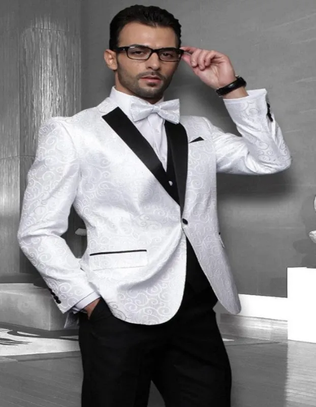 Big and Tall Size Tuxedo Dinner Jacket - Paisley Fabric Blazer in Color White made by Alberto Nardoni