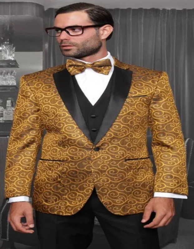 Big and Tall Size Tuxedo Dinner Jacket - Paisley Fabric Blazer in Color Gold made by Alberto Nardoni