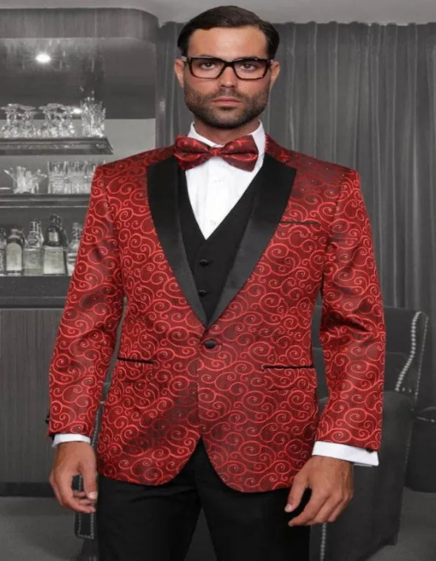 Big and Tall Size Tuxedo Dinner Jacket - Paisley Fabric Blazer in Color Red made by Alberto Nardoni