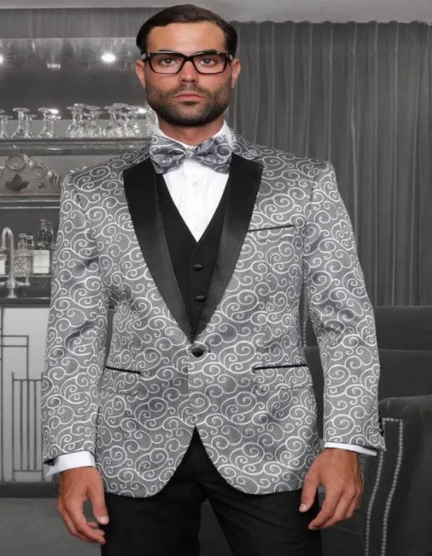 Big and Tall Size Tuxedo Dinner Jacket - Paisley Fabric Blazer in Color Silver made by Alberto Nardoni