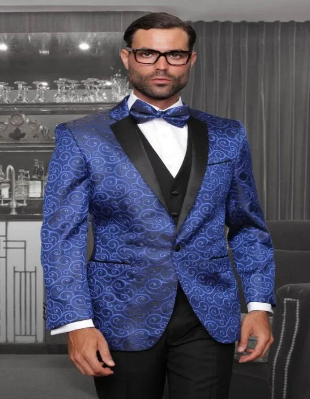 Big and Tall Size Tuxedo Dinner Jacket - Paisley Fabric Blazer in Color Royal Blue made by Alberto Nardoni