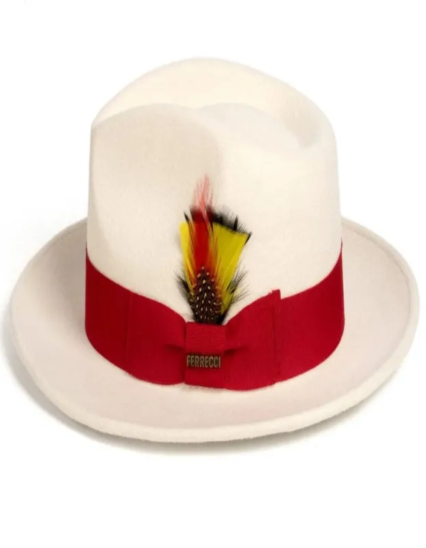 White and Red Dress Hat 1920s Fedora Style - Mens Classic Wool Fedora Dress Hat in White and Red sold by Alberto Nardoni