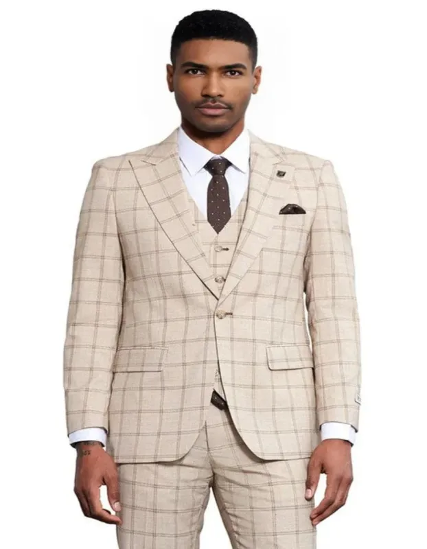 Men's Stacy Adams One Button Peak Lapel Vested Windowpane Tan Plaid Suit made by Alberto Nardoni