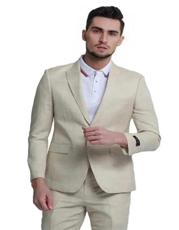 Men's Two Button Peak Lapel Summer Linen Style Beach Tan Wedding Suit sold by Alberto Nardoni