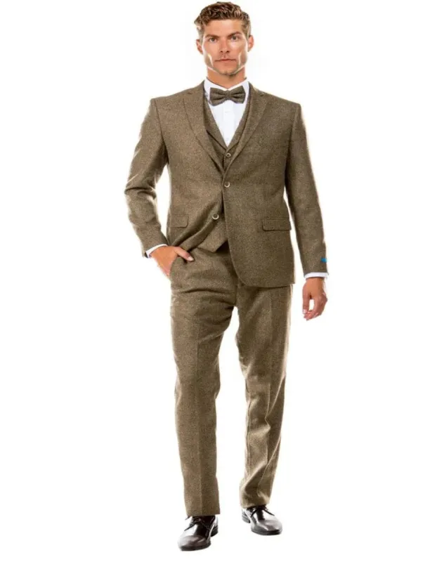 Men's Two Button Vested Vintage Single Breasted Style Tweed Tan Wedding Suit sold by Alberto Nardoni