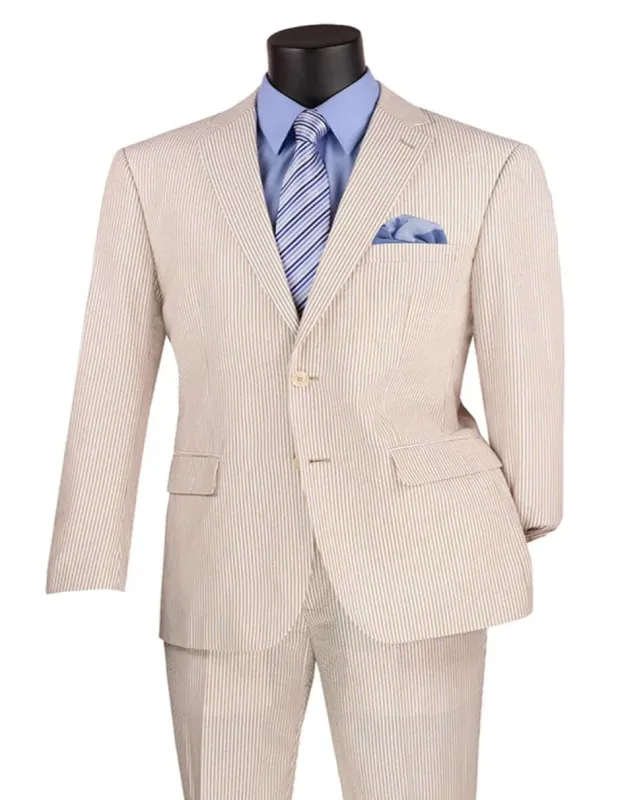 Men's 2PC Summer Seersucker Modern Fit Tan Pinstripe Suit sold by Alberto Nardoni