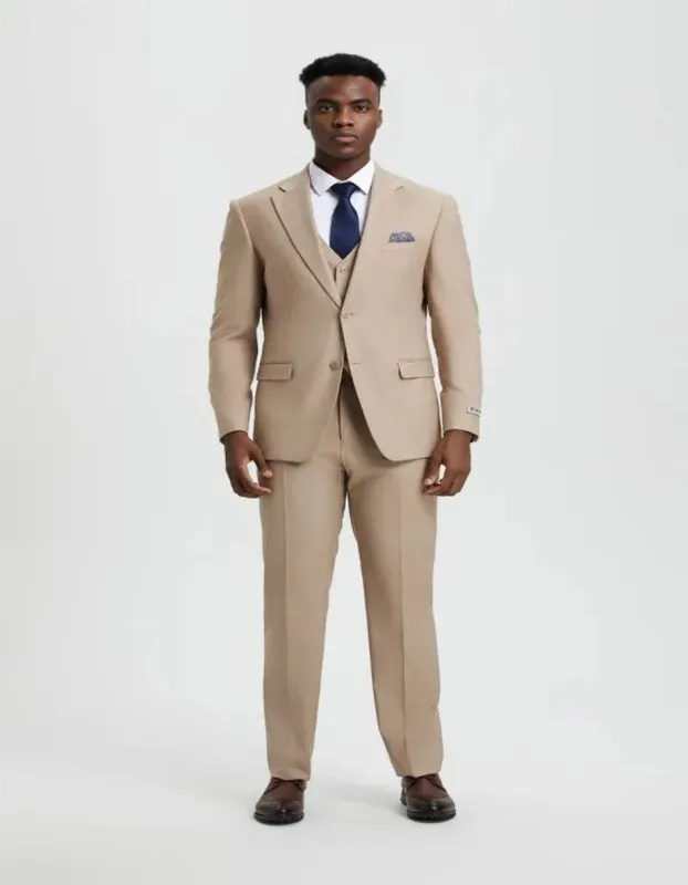 Men's Two Button Vested Stacy Adams Basic Designer Tan Suit sold by Alberto Nardoni