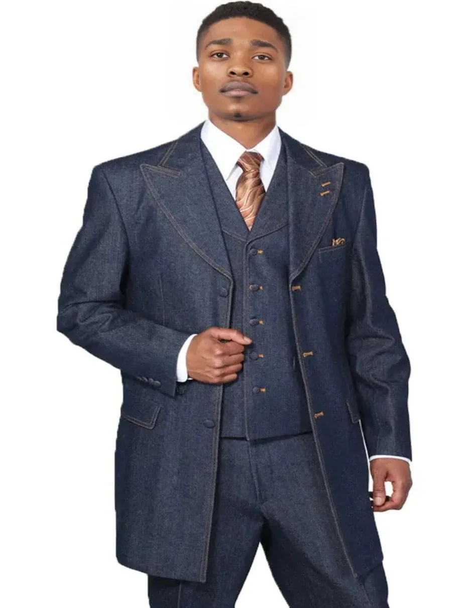 Mens Long Vested Denim Jeans Fashion Blue Zoot Suit sold by Alberto Nardoni