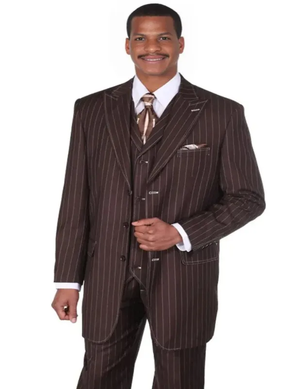 Mens Vintage Vested Gangster Bold Pinstripe Fashion Brown Suit sold by Alberto Nardoni