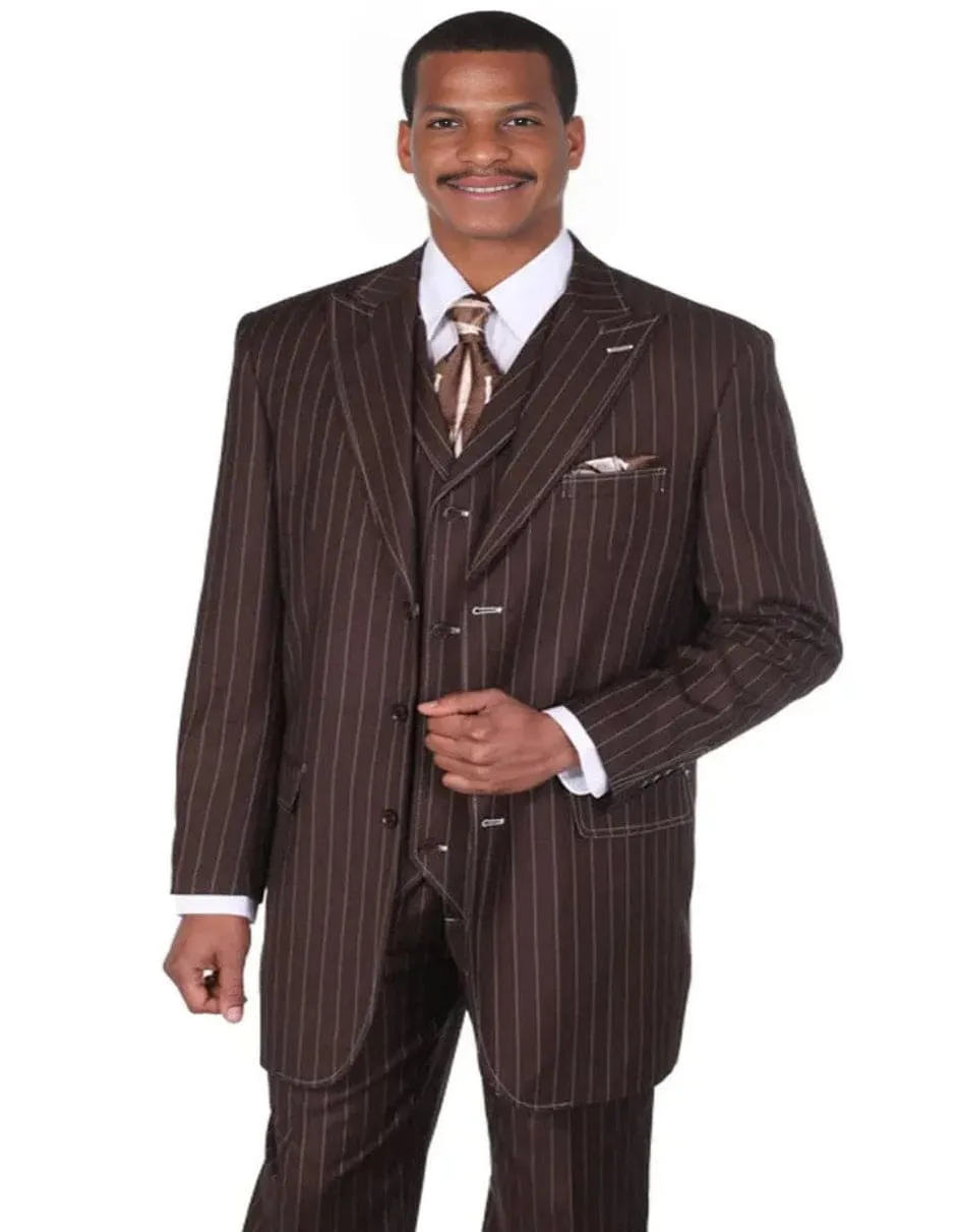 Mens Vintage Vested Gangster Bold Pinstripe Fashion Brown Suit sold by Alberto Nardoni