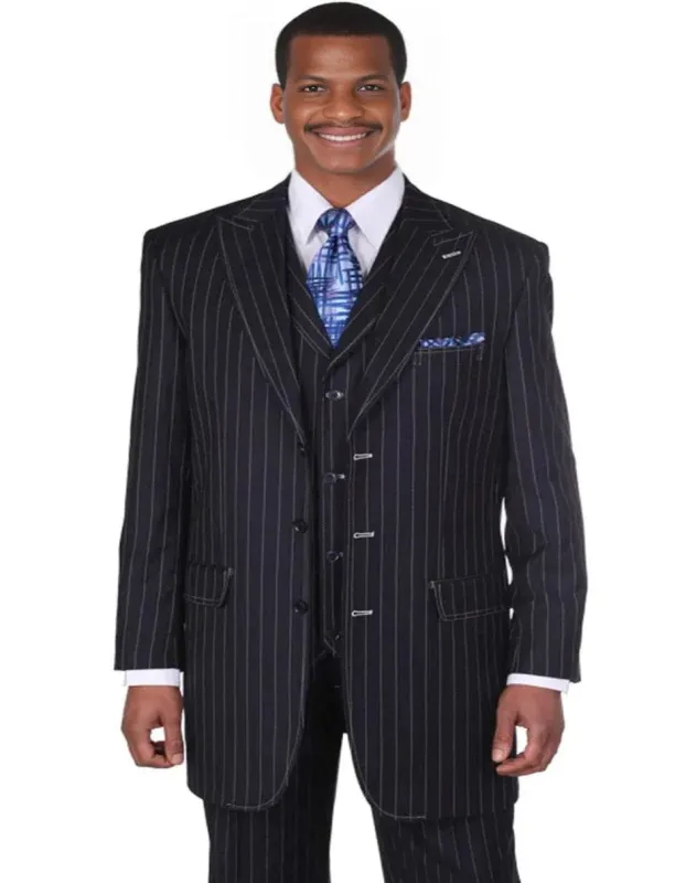 Mens Vintage Vested Gangster Bold Pinstripe Navy Blue Fashion Suit sold by Alberto Nardoni