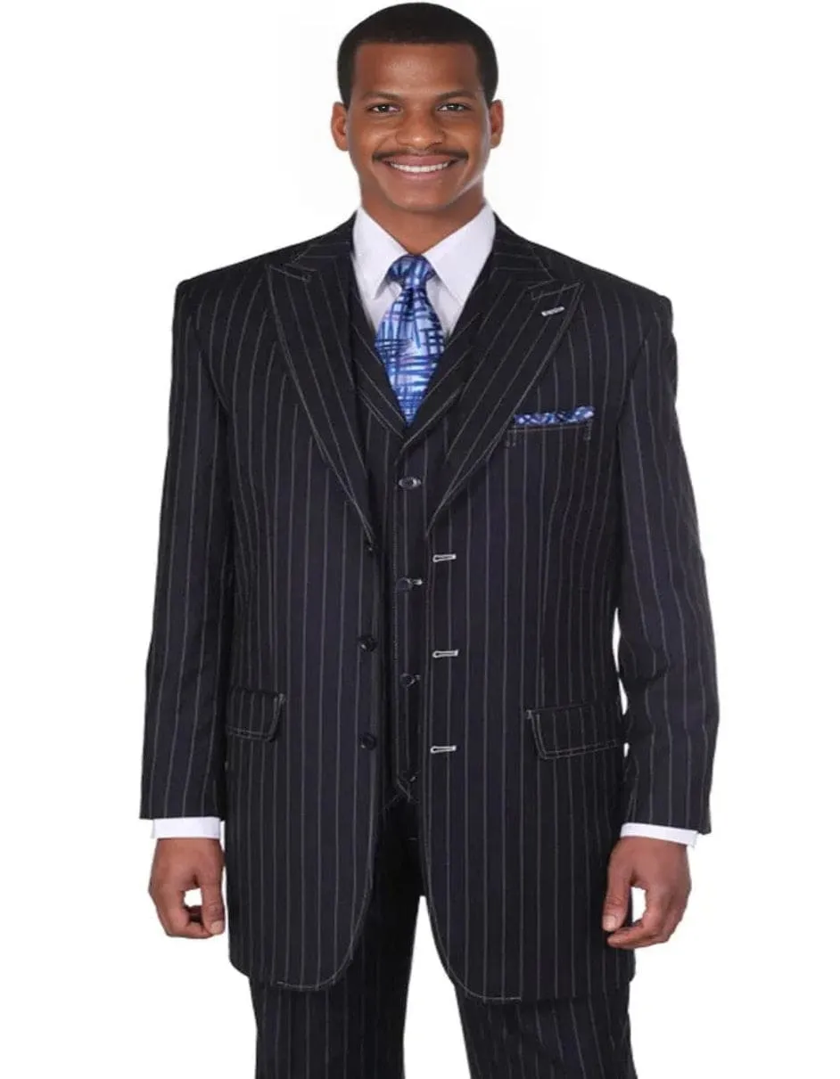 Mens Vintage Vested Gangster Bold Pinstripe Navy Blue Fashion Suit sold by Alberto Nardoni
