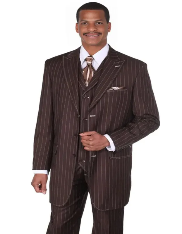 Mens Vintage Vested Gangster Bold Pinstripe Brown Fashion Suit sold by Alberto Nardoni