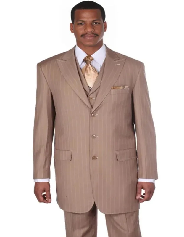 Mens Vintage Vested Gangster Bold Pinstripe Tan Fashion Suit sold by Alberto Nardoni