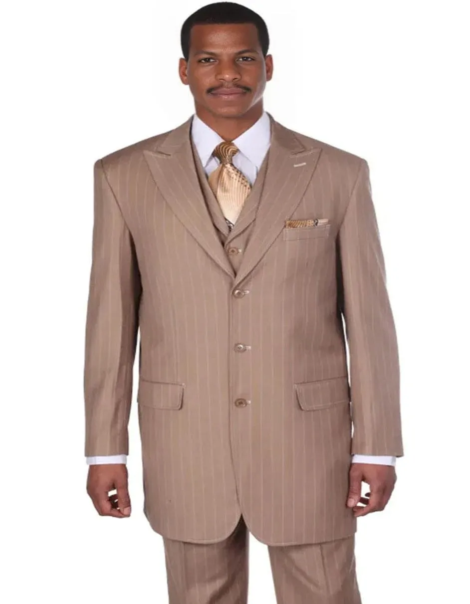 Mens Vintage Vested Gangster Bold Pinstripe Tan Fashion Suit sold by Alberto Nardoni