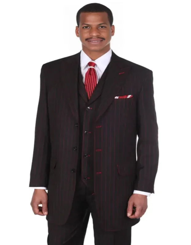 Mens Vintage Vested Gangster Bold Pinstripe Fashion Black and Red Suit sold by Alberto Nardoni
