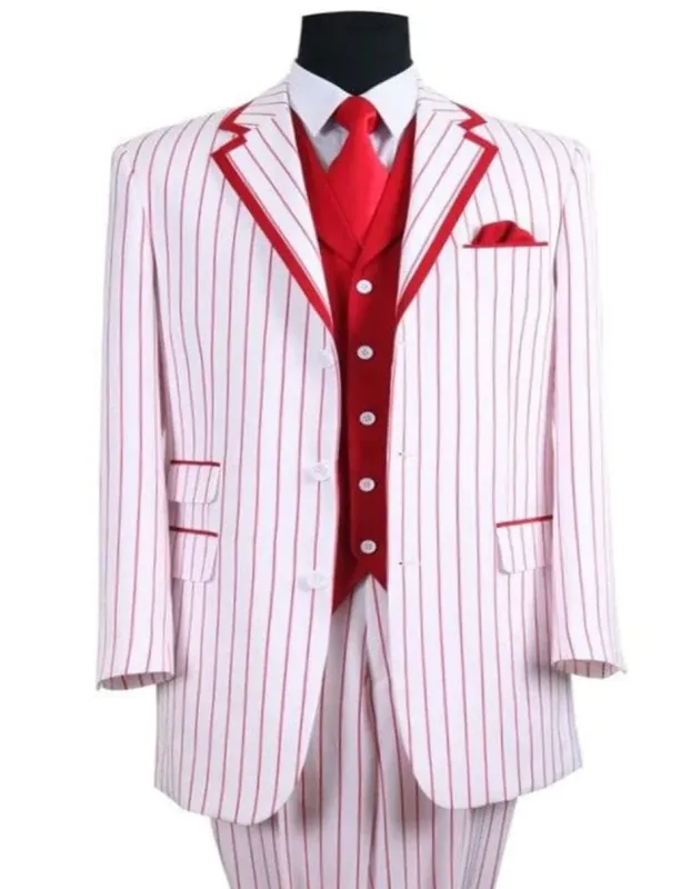Mens 3 Button Vested Barbershop Quartet White With Red Pinstripes sold by Alberto Nardoni