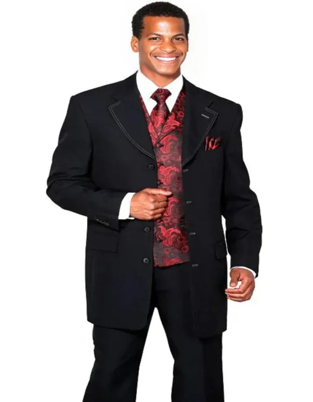 Mens 4 Button Long Vested Fashion Black With Red Paisley Vest sold by Alberto Nardoni