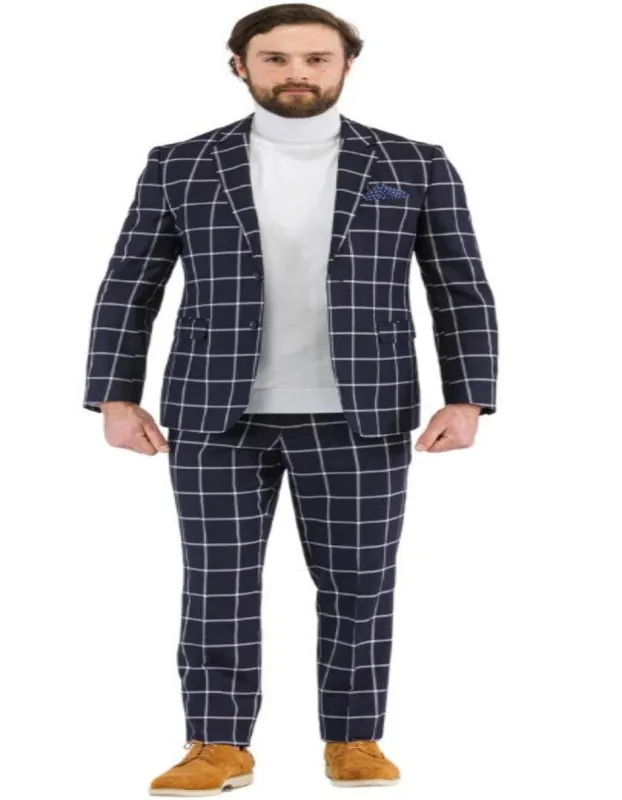 Mens Plaid Suits - Windowpane Pattern With Vest -Business Suit Navy sold by Alberto Nardoni