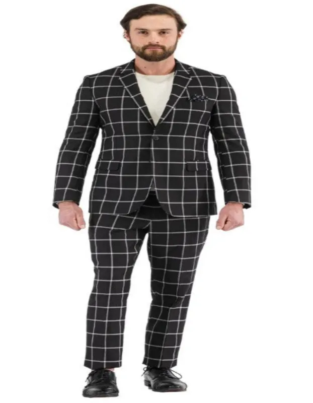 Mens Plaid Suits - Windowpane Pattern With Vest -Business Suit Black sold by Alberto Nardoni