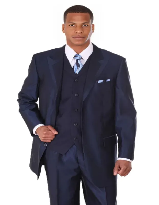 Mens 3 Button Vested Wide Peak Lapel Two Tone Sharkskin Navy Blue Sut sold by Alberto Nardoni