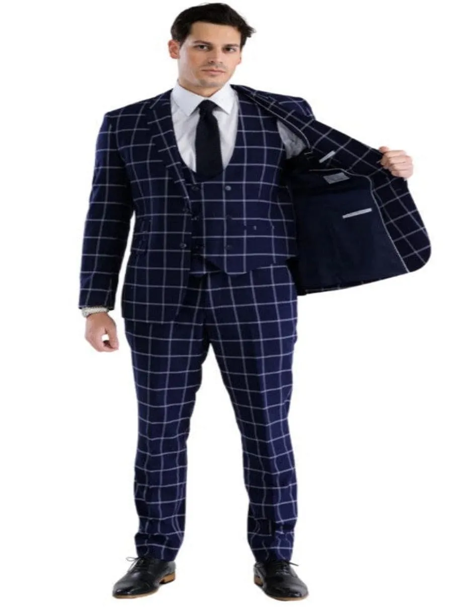Mens Plaid Suit - Windowpane Pattern With Vest - Business Suit Navy sold by Alberto Nardoni product image thumbnail 2