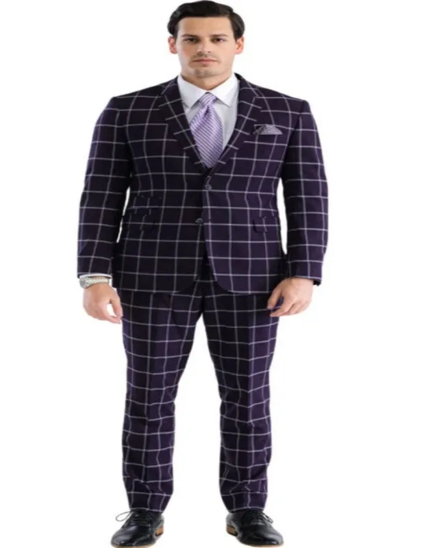 Mens Plaid Suit - Windowpane Pattern With Vest - Business Suit Burgundy made by Alberto Nardoni