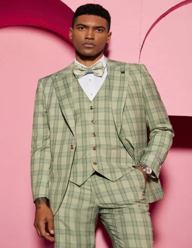 Men's Stacy Adam's One Button Peak Lapel Plaid Paisley Sage Green Suit sold by Alberto Nardoni