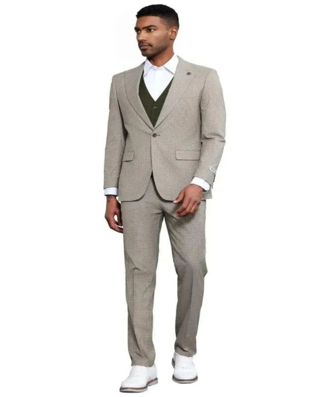 Men's Stacy Adams One Button Peak Lapel Vested Olive Green Suit sold by Alberto Nardoni