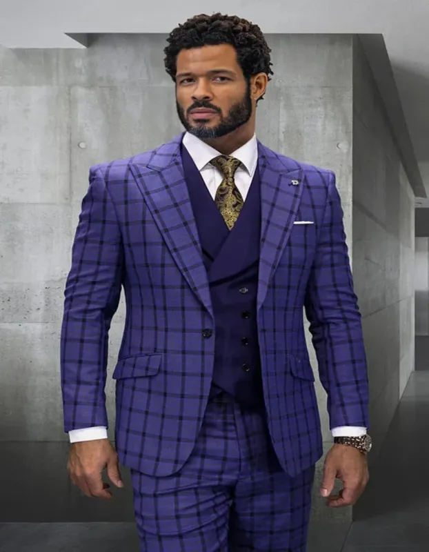 Cobalt Blue Suit - Men's Single Button Designer Wool Double Breasted Sapphire Windowpane Plaid Suit sold by Alberto Nardoni