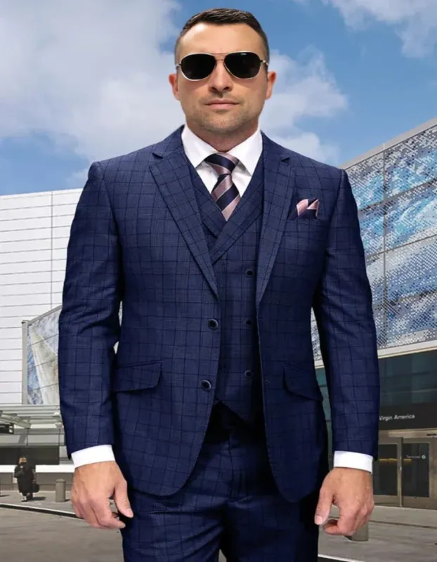 Cobalt Blue Suit - Men's Designer Wool Vested Modern Fit Windowpane Sapphire Blue Plaid Suit sold by Alberto Nardoni