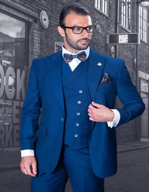 Cobalt Blue Suit - Men's Designer Vested One Button Peak Lapel Sapphire Blue Suit sold by Alberto Nardoni