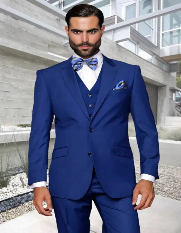 Cobalt Blue Suit - Men's Designer Vested Modern Fit Wool Wedding Sapphire Blue Business Suit sold by Alberto Nardoni