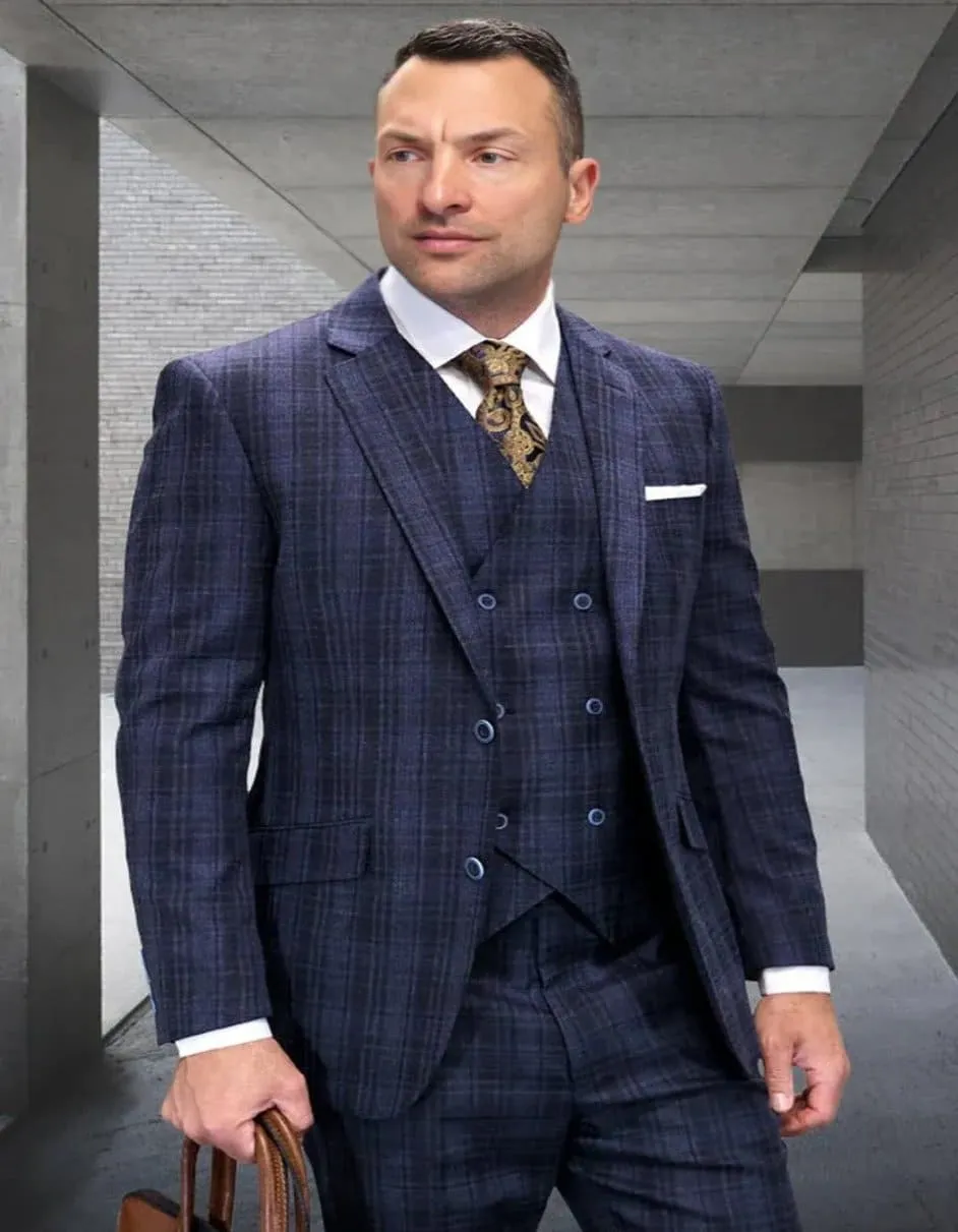 Cobalt Blue Suit - Men's Designer Wool Vested Modern Fit Plaid Sapphire Blue Windowpane Suit sold by Alberto Nardoni