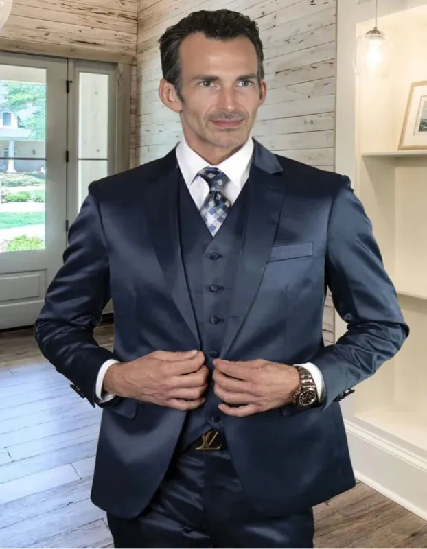 Cobalt Blue Suit - Men's Designer Shiny Satin Sharkskin Modern Fit Sapphire Blue Suit sold by Alberto Nardoni