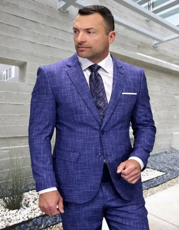 Cobalt Blue Suit - Men's Designer Modern Fit Italian Wool Sapphire Blue Plaid Suit made by Alberto Nardoni