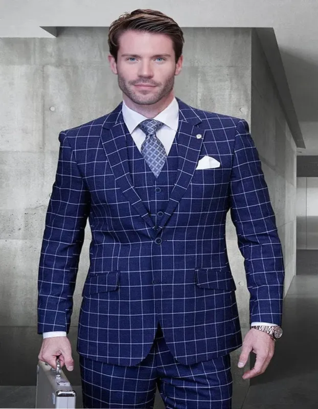 Cobalt Blue Suit - Men's Designer Two Button Vested Wool Sapphire Blue Windowpane Plaid Suit sold by Alberto Nardoni