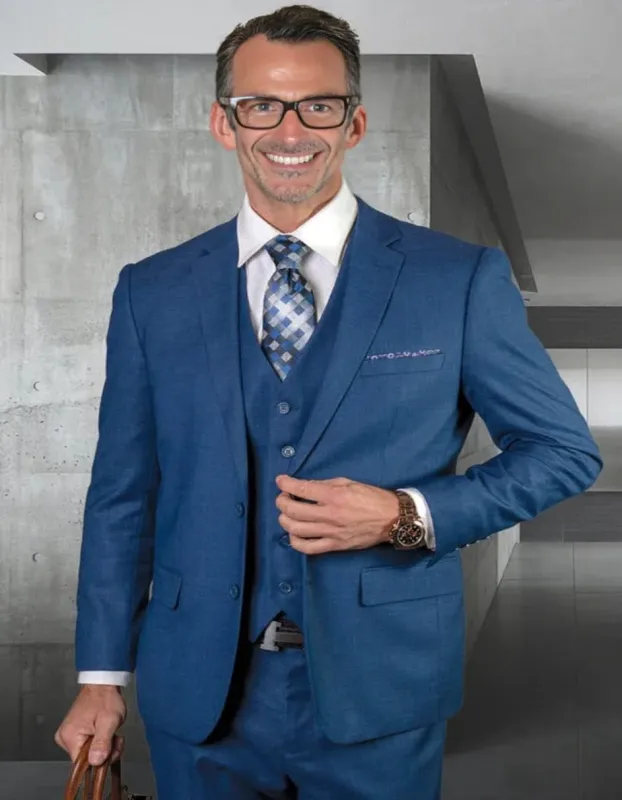 Cobalt Blue Suit - Men's Designer Modern Fit Vested Wool Sharkskin Sapphire Blue Suit sold by Alberto Nardoni