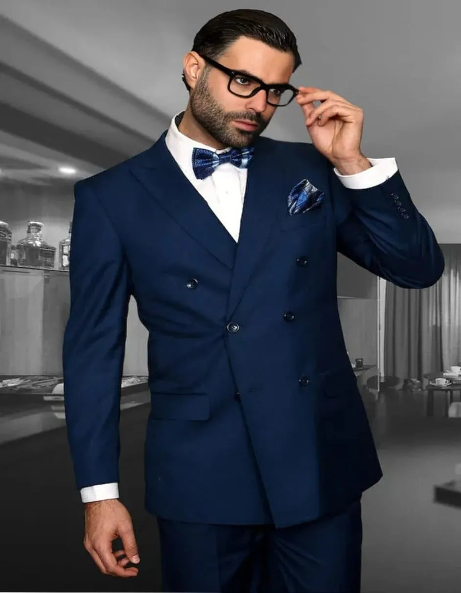 Cobalt Blue Suit - Mens Designer Double Breasted Sapphire Blue Wool Suit sold by Alberto Nardoni