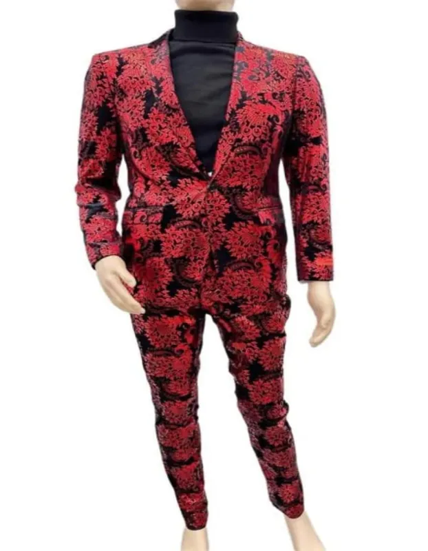 Paisley Suit - Black and Red Prom Suit - Slim Fit Stage Single Breasted Suit made by Alberto Nardoni