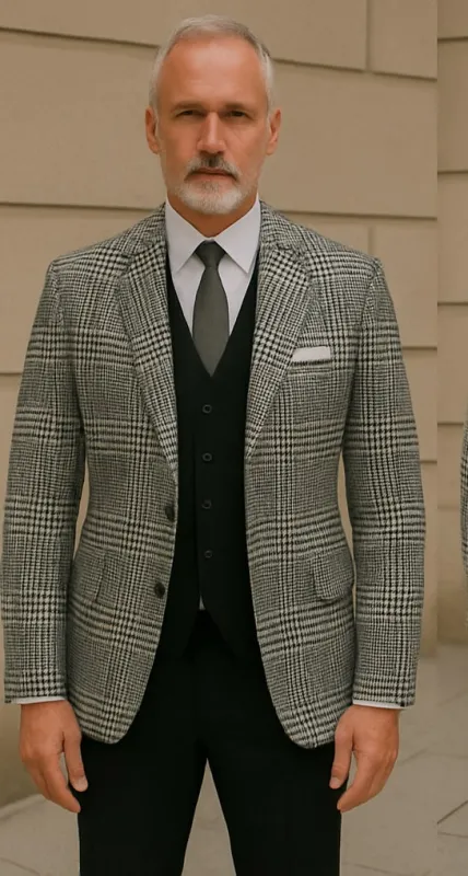 Black and White Plaid Suit Jacket - Mens Black Two Button Blazer sold by Alberto Nardoni