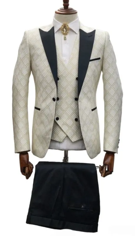Ivory Wedding Suit - Cream Tuxedo Suit - Ivory Dinner Jacket Plus Pants White ~ Gold made by Alberto Nardoni